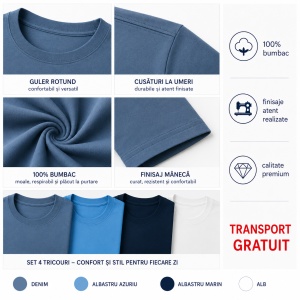 Set 4 Tricouri Bărbați 100% Bumbac Regular Clasic – Denim, Albastru Azuriu, Albastru Marin și Alb | S-3XL - Img 5