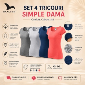 Set 4 Tricouri Damă 100% Bumbac – Casual Clasic, Gri Închis, Gri Deschis, Albastru Închis și Coral | Transport Gratuit - Img 5