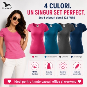 Set 4 Tricouri Damă 100% Bumbac – Casual Clasic, Roz, Albastru Petrol, Gri Închis și Albastru Regal | Transport Gratuit - Img 6