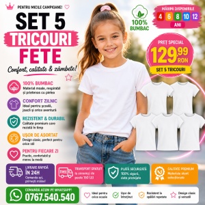 Set 5 Tricouri Albe Copii din Bumbac 100% pentru fete și băieți - Img 4
