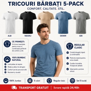 Set 5 Tricouri Bărbați 100% Bumbac – Alb, Negru, Nisip, Denim și Gri | S-3XL - Img 10