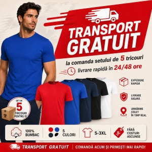 Set 5 tricouri bumbac 100% simplu clasic, Alb, Negru, Albastru Marin, Rosu, Albastru - Img 4