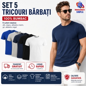 Set 5 tricouri bumbac 100% simplu clasic pentru barbati, Alb, Negru, Albastru Marin, Gri, Albastru-132