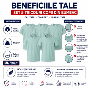 Set 5 tricouri copii din bumbac 100% – fete și băieți, 33 nuanțe disponibile - Img 2