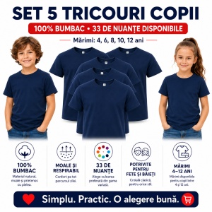 Set 5 Tricouri Copii din Bumbac 100% – Mânecă Scurtă, 33 Nuanțe, Fete și Băieți - Img 7