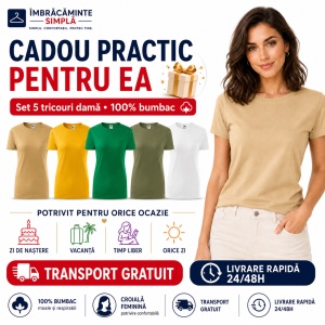 Set 5 Tricouri Damă Basic 100% Bumbac – Nisip, Galben, Verde Mediu, Khaki și Alb - Img 8