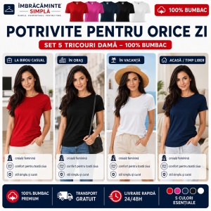 Set 5 Tricouri Damă Basic 100% Bumbac – Roșu, Purpuriu, Albastru Marin, Negru și Alb - Img 6
