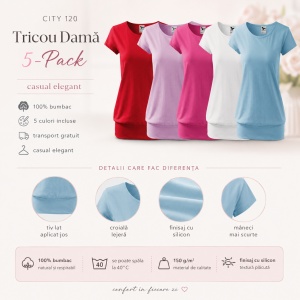 Set 5 tricouri dama din bumbac 100%, cu banda aplicata jos elegant casual pentru femei 120 - Rosu Lavanda Roz Alb Albastru - Img 5