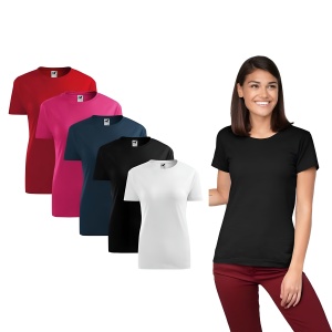 Femeie imbracata in tricou dama din bumbac de culoare negru prezentand culorile disponibile alb, albastru, rosu, purpuriu, negru