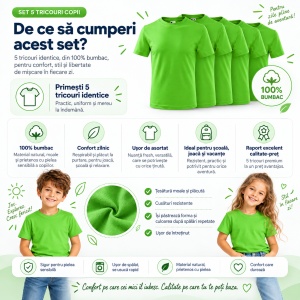 Set 5 Tricouri pentru Copii, 100% Bumbac, Verde Măr, Confortabile și Respirabile - Img 3