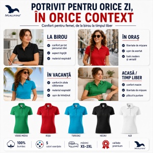 Set 5 Tricouri Polo Damă Malfini, 100% Bumbac – Alb, Negru, Verde, Roșu, Turcoaz - Img 6