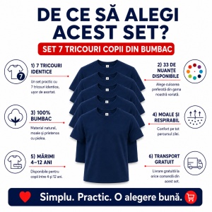 Set 7 Tricouri Copii din Bumbac 100% – Mânecă Scurtă, 33 Nuanțe, Fete și Băieți - Img 3