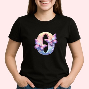 Tricou Alfabet Cifra 0 cu fluturi colorati, stele aurii, flori colorate, Negru, Unisex Dama si Barbat | Copii