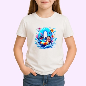 Tricou Alfabet Cifra 0 cu Lilo si Stitch albastru, veselie mare, Alb, Unisex Dama si Barbat | Copii - Img 2