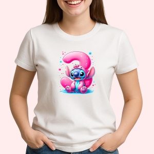 Tricou Alfabet Cifra 3 cu Stitch Roz fericit, explozie de culori, Alb, Unisex Dama si Barbat | Copii