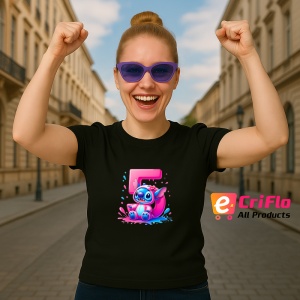 Tricou Alfabet Cifra 5 cu Lilo si Stitch albastru, veselie mare, Negru, Unisex Dama si Barbat | Copii - Img 6
