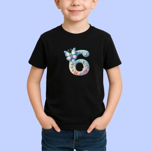 Tricou Alfabet Cifra 6 cu fluturi colorati, stele aurii, flori colorate, Negru, Unisex Dama si Barbat | Copii - Img 2