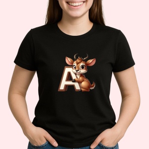 Tricou Alfabet Litera A cu animal Antilop Antilopa, Negru, Unisex Dama si Barbat | Copii