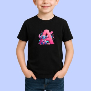 Tricou Alfabet Litera A cu Stitch Roz fericit, explozie de culori, Negru, Unisex Dama si Barbat | Copii - Img 2
