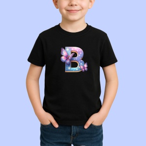 Tricou Alfabet Litera B cu fluturi colorati, stele aurii, flori colorate, Negru, Unisex Dama si Barbat | Copii - Img 2