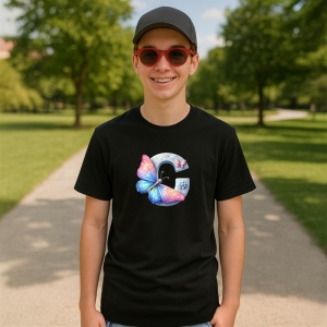 Tricou Alfabet Litera C cu fluturi colorati, stele aurii, flori colorate, Negru, Unisex Dama si Barbat | Copii - Img 4