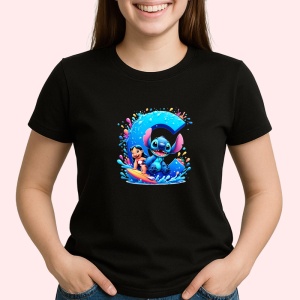 Tricou Alfabet Litera C cu Lilo si Stitch albastru, veselie mare, Mare, Negru, Unisex Dama si Barbat | Copii - Img 2