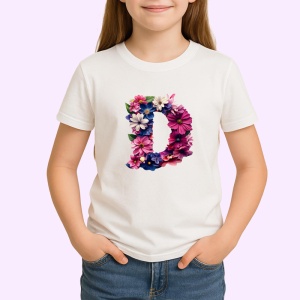 Tricou Alfabet Litera D cu flori, margarete, flori colorate, Alb, Unisex Dama si Barbat | Copii - Img 2