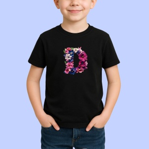 Tricou Alfabet Litera D cu flori, margarete, flori colorate, Negru, Unisex Dama si Barbat | Copii - Img 2