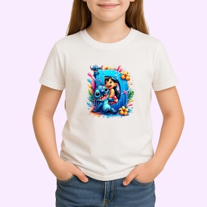 Tricou Alfabet Litera D cu Lilo si Stitch albastru, veselie mare, Alb, Unisex Dama si Barbat | Copii - Img 2
