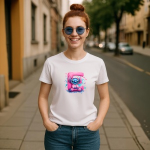 Tricou Alfabet Litera E cu Stitch Roz fericit, explozie de culori, Alb, Unisex Dama si Barbat | Copii - Img 3
