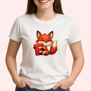 Tricou Alfabet Litera F cu animal Fox Vulpe , Alb, Unisex Dama si Barbat | Copii - Img 2