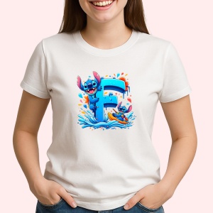 Tricou Alfabet Litera F cu Lilo si Stitch albastru, veselie mare, Alb, Unisex Dama si Barbat | Copii