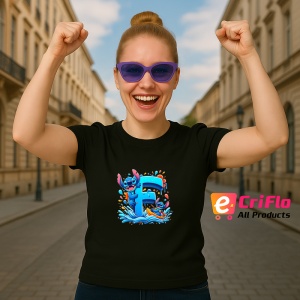 Tricou Alfabet Litera F cu Lilo si Stitch albastru, veselie mare, Mare, Negru, Unisex Dama si Barbat | Copii - Img 6