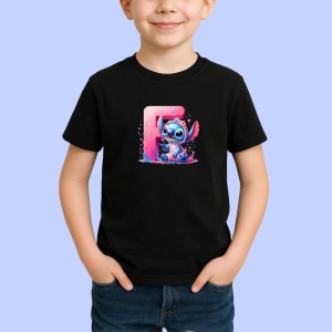Tricou Alfabet Litera F cu Stitch Roz fericit, explozie de culori, Negru, Unisex Dama si Barbat | Copii - Img 2