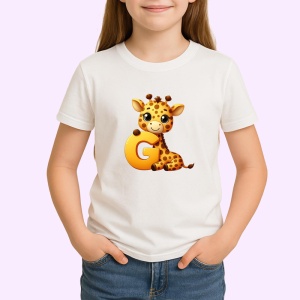 Tricou Alfabet Litera G cu animal Giraffe Girafa , Alb, Unisex Dama si Barbat | Copii