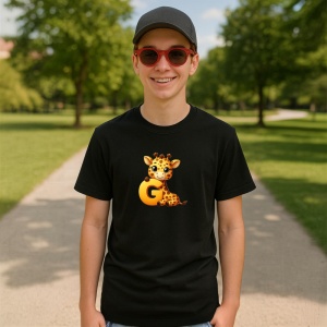 Tricou Alfabet Litera G cu animal Giraffe Girafa, Negru, Unisex Dama si Barbat | Copii - Img 4