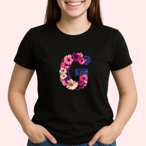 Tricou Alfabet Litera G cu flori, margarete, flori colorate, Negru, Unisex Dama si Barbat | Copii