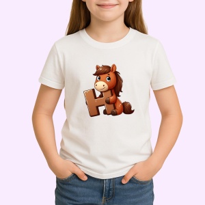 Tricou Alfabet Litera H cu animal Horse Cal , Alb, Unisex Dama si Barbat | Copii