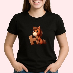 Tricou Alfabet Litera H cu animal Horse Cal, Negru, Unisex Dama si Barbat | Copii