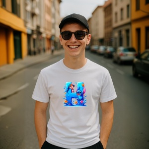 Tricou Alfabet Litera H cu Lilo si Stitch albastru, veselie mare, Alb, Unisex Dama si Barbat | Copii - Img 4