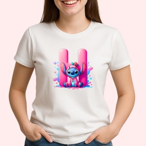 Tricou Alfabet Litera H cu Stitch Roz fericit, explozie de culori, Alb, Unisex Dama si Barbat | Copii