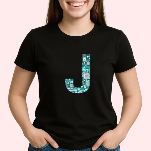 Tricou Alfabet Litera J cu circuite, cyber, tehnologie, Negru, Unisex Dama si Barbat | Copii