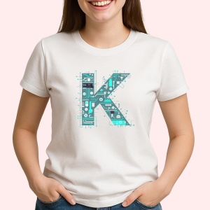 Tricou Alfabet Litera K cu circuite, cyber, tehnologie, Alb, Unisex Dama si Barbat | Copii