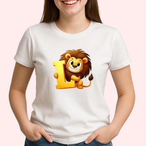 Tricou Alfabet Litera L cu animal Lion Leu, Alb, Unisex Dama si Barbat | Copii