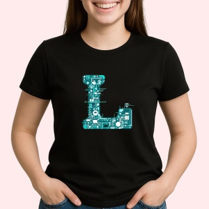 Tricou Alfabet Litera L cu circuite, cyber, tehnologie, Negru, Unisex Dama si Barbat | Copii