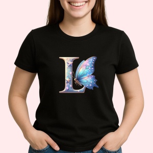Tricou Alfabet Litera L cu fluturi colorati, stele aurii, flori colorate, Negru, Unisex Dama si Barbat | Copii