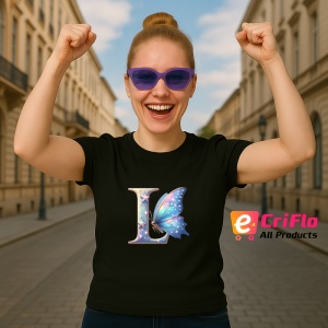 Tricou Alfabet Litera L cu fluturi colorati, stele aurii, flori colorate, Negru, Unisex Dama si Barbat | Copii - Img 3