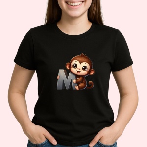 Tricou Alfabet Litera M cu animal Money Maimuta, Negru, Unisex Dama si Barbat | Copii