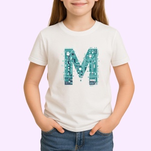 Tricou Alfabet Litera M cu circuite, cyber, tehnologie, Alb, Unisex Dama si Barbat | Copii - Img 2