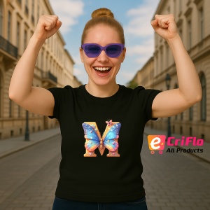 Tricou Alfabet Litera M cu fluturi colorati, stele aurii, flori colorate, Negru, Unisex Dama si Barbat | Copii - Img 3